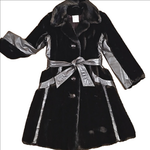 Vintage Tissavel France Faux Fur & Leather Chocolate Brown 70s Glam Belted Coat